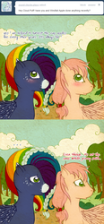 Size: 541x1164 | Tagged: safe, artist:tinuleaf, oc, oc only, oc:cloud puff, oc:windfall apple, ask rainbow dash family, offspring, parent:big macintosh, parent:fluttershy, parent:rainbow dash, parent:soarin', parents:fluttermac, parents:soarindash, tumblr