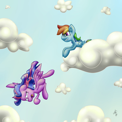 Size: 3000x3000 | Tagged: safe, artist:solipsus, rainbow dash, twilight sparkle, alicorn, pony, g4, cloud, cloudy, female, flying, high res, mare, sky, twilight sparkle (alicorn)