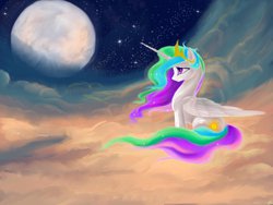 Size: 900x675 | Tagged: safe, artist:thecraftywhitefox, princess celestia, g4, cloud, cloudy, female, moon, solo