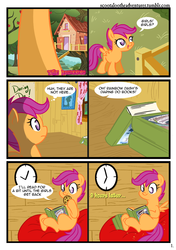 Size: 900x1280 | Tagged: safe, artist:alskylark, scootaloo, g4, book, clock, clubhouse, comic, crusaders clubhouse, female, solo, tree, treehouse