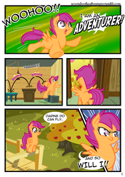 Size: 900x1280 | Tagged: safe, artist:alskylark, scootaloo, g4, clubhouse, comic, crusaders clubhouse, female, solo, tree, treehouse