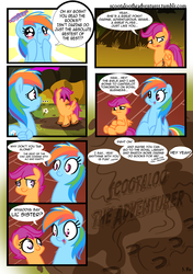 Size: 900x1280 | Tagged: safe, artist:alskylark, rainbow dash, scootaloo, pegasus, pony, g4, comic, dialogue, duo, duo female, female, mud, onomatopoeia, scootalove, sound effects, speech bubble, squee