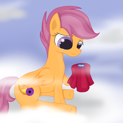 Size: 1024x1024 | Tagged: safe, artist:novabytes, scootaloo, pegasus, pony, g4, cape, clothes, cloud, cmc cape, crying, cutie mark, female, hooves, mare, older, on a cloud, sitting, sitting on a cloud, sky, solo, teary eyes, underhoof, wings