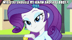 Size: 1000x562 | Tagged: safe, edit, edited screencap, screencap, rarity, equestria girls, g4, my little pony equestria girls: rainbow rocks, player piano, 50 shades of pony, animated, bronybait, caption, female, flirting, image macro, imma snuggle you, looking at you, meme, solo, text