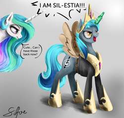 Size: 2104x2000 | Tagged: safe, artist:silfoe, princess celestia, oc, oc:silfoe, pony, g4, accessory swap, alcohol, beer, beer bottle, bottle, cardboard wings, cute, duo, fake alicorn, fake horn, fake wings, food, frown, heineken, high res, open mouth, pun, smiling, speech bubble, unamused