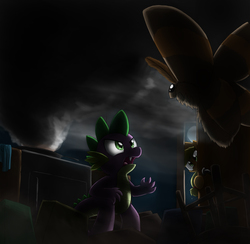Size: 2652x2593 | Tagged: safe, artist:otakuap, applejack, spike, oc, oc:fluffy the bringer of darkness, dragon, giant moth, insect, moth, g4, animal, cross-eyed, dark, duo, fangs, fight, flying, giant insect, glare, godzilla (series), godzilla 2014, high res, kitchen, male, mothra, observer, open mouth, parody, smoke