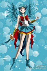 Size: 400x600 | Tagged: safe, artist:drachearannak-fc, rainbow dash, human, g4, anime, base used, crossover, cute, female, humanized, looking at you, moe, sailor moon (series), sailor senshi, smiling, solo, sparkles, spread wings, sword, updated, weapon, winged humanization