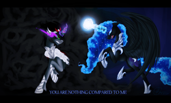 Size: 3000x1800 | Tagged: safe, artist:sevenada, king sombra, nightmare moon, fall of the crystal empire, g4, armor, fight, glare, gritted teeth, magic, open mouth, raised hoof, rearing, smoke, spread wings