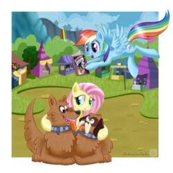 Size: 900x900 | Tagged: safe, artist:swanlullaby, fluttershy, rainbow dash, dog, orthros, g4, trade ya!, multiple heads, two heads