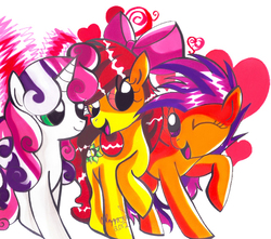 Size: 610x539 | Tagged: safe, artist:aurora-chiaro, apple bloom, scootaloo, sweetie belle, earth pony, pegasus, pony, unicorn, g4, abstract background, alternate cutie mark, alternate hairstyle, alternative cutie mark placement, cutie mark crusaders, female, filly, foal, older, older apple bloom, older scootaloo, older sweetie belle, trio, wink