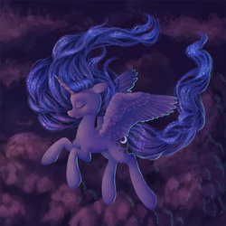 Size: 1024x1024 | Tagged: safe, artist:tuffmuffins, princess luna, g4, cloud, cloudy, eyes closed, female, flying, solo