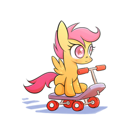 Size: 1200x1200 | Tagged: safe, artist:joycall6, scootaloo, pegasus, pony, g4, blank flank, blushing, cute, cutealoo, female, filly, foal, scooter, simple background, sitting, solo, spread wings, white background, wings