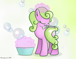 Size: 2235x1746 | Tagged: safe, artist:bluemeganium, daisy, flower wishes, pony, g4, bath, brush, brushie, bubble, cute, eyes closed, female, gradient background, mouth hold, smiling, solo