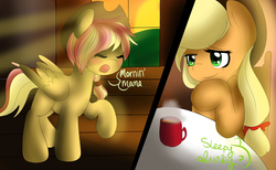 Size: 2000x1234 | Tagged: safe, artist:sunniedoodles, applejack, oc, pegasus, pony, g4, coffee mug, hat, magical lesbian spawn, morning ponies, offspring, parent:applejack, parent:fluttershy, parents:appleshy