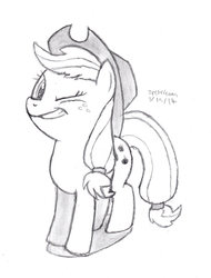 Size: 780x1024 | Tagged: safe, artist:drchrisman, applejack, g4, female, monochrome, solo, traditional art, wink