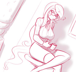 Size: 1006x960 | Tagged: safe, artist:scorpdk, princess celestia, human, g4, :o, breasts, busty princess celestia, chair, crossed legs, cup, female, glasses, humanized, looking at you, monochrome, mug, office chair, question mark, sitting, solo