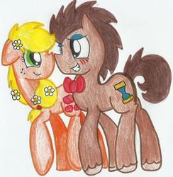 Size: 793x812 | Tagged: safe, artist:blanquiwiis, applejack, doctor whooves, time turner, g4, blushing, female, flower, flower in hair, hatless, male, missing accessory, ship:applewhooves, shipping, straight, traditional art