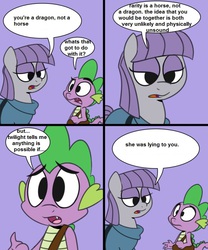 Size: 816x979 | Tagged: safe, artist:epulson, edit, maud pie, rarity, spike, dragon, earth pony, pony, g4, anti-shipping, brutal honesty, comic, frown, maud and spike's chat, misspelling, open mouth, shipping denied, speech bubble, wide eyes