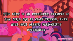 Size: 500x281 | Tagged: safe, edit, edited screencap, screencap, applejack, fluttershy, pinkie pie, rainbow dash, rarity, twilight sparkle, g4, female, feminism is magic, group hug, hug, mane six