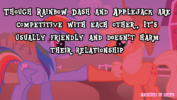 Size: 500x281 | Tagged: safe, edit, edited screencap, screencap, applejack, rainbow dash, earth pony, pegasus, pony, fall weather friends, g4, caption, female, feminism is magic, mare, text, whyfeminism