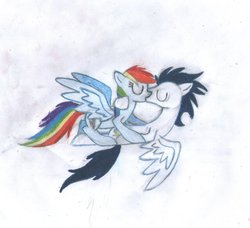 Size: 1024x934 | Tagged: safe, artist:smkorea, rainbow dash, soarin', g4, female, kissing, lying, male, on back, ship:soarindash, shipping, spread wings, straight, traditional art