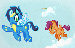 Size: 1500x966 | Tagged: safe, artist:blimpslap, scootaloo, soarin', pegasus, pony, g4, clothes, cloud, cloudy, duo, eyes closed, flying, goggles, rainbow trail, scootaloo can fly, sky, uniform, wonderbolts, wonderbolts uniform