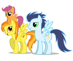 Size: 600x500 | Tagged: source needed, safe, artist:mixermike622, scootaloo, soarin', spitfire, pegasus, pony, g4, alternate hairstyle, female, filly, foal, male, mare, old cutie mark, one eye closed, open mouth, show accurate, simple background, spread wings, stallion, transparent background, wings