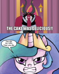 Size: 500x621 | Tagged: safe, lord tirek, princess celestia, g4, cake, meme, text