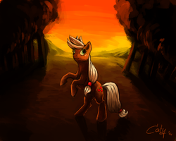 Size: 1280x1024 | Tagged: safe, artist:yenvaloce, applejack, g4, female, forest, rearing, solo, sunset, tree