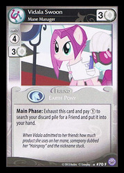 Size: 344x480 | Tagged: safe, enterplay, photo finish, vidala swoon, earth pony, pony, g4, my little pony collectible card game, premiere, ccg, clothes, comb, female, mare, scissors, smiling