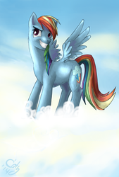 Size: 1280x1891 | Tagged: safe, artist:yenvaloce, rainbow dash, g4, cloud, cloudy, female, grin, sky, solo, spread wings