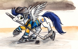 Size: 755x475 | Tagged: safe, artist:kenket, artist:spainfischer, soarin', pony, g4, alternate universe, canterlot high, canterlot high blog, clothes, helmet, hockey, jersey, male, mouth hold, solo, sports