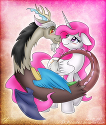 Size: 667x785 | Tagged: safe, artist:skyheavens, discord, princess celestia, g4, blushing, eye contact, female, floppy ears, looking at each other, looking at someone, male, partially open wings, pink-mane celestia, ship:dislestia, shipping, smiling, smiling at each other, straight, wings