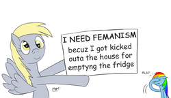 Size: 900x517 | Tagged: safe, artist:cartoon-eric, edit, derpy hooves, rainbow dash, pegasus, pony, g4, facehoof, female, feminism, i emptied your fridge, mare, mouthpiece, parody, sign