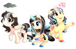 Size: 1114x729 | Tagged: safe, artist:c-puff, oc, oc only, oc:grey downpour, oc:melting heart, oc:violetta strings, pegasus, pony, unicorn, cloud, female, magic, mare, musical instrument, rain, simple background, transparent background, violin