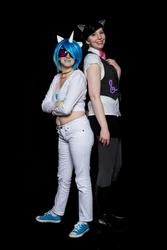 Size: 640x960 | Tagged: safe, artist:airbear101, artist:mishacosplay, dj pon-3, octavia melody, vinyl scratch, human, g4, belly button, cosplay, irl, irl human, midriff, photo