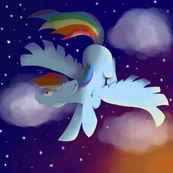 Size: 5000x5000 | Tagged: safe, artist:athenavolantis, rainbow dash, g4, absurd resolution, cloud, cloudy, female, floppy ears, flying, sky, smiling, solo, spread wings, stars, sunset