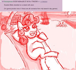 Size: 660x612 | Tagged: safe, artist:redanon, sweetie belle, oc, oc:anon, pony, unicorn, g4, 4chan, 4chan screencap, belly, blank flank, dead, drawing error, female, filly, implied cannibalism, implied murder, island, monochrome, ponies eating humans, ponies eating meat, requested art, skull, solo