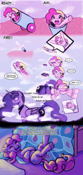 Size: 1702x3614 | Tagged: safe, artist:lumineko, pinkie pie, princess luna, alicorn, earth pony, pony, g4, butt, comic, dialogue, dream, dreamluna, female, imminent vore, implied anal vore, looking back, mare, moonbutt, party cannon, plot, pony cannonball, teary eyes, wide eyes