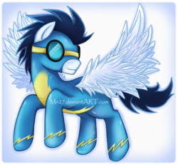 Size: 774x716 | Tagged: safe, artist:mn27, soarin', g4, flying, goggles, male, smiling, solo, spread wings, wonderbolts uniform