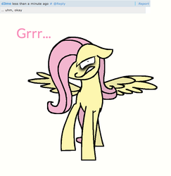 Size: 719x739 | Tagged: safe, artist:ponycakesofsweetness, fluttershy, .mov, shed.mov, g4, angry, ask, ears back, female, fluttershed, gritted teeth, growling, looking at you, murdershy, question, reply, solo, spread wings, tumblr, wide eyes