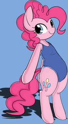 Size: 404x739 | Tagged: safe, artist:mcsadat, artist:thepolymath, pinkie pie, earth pony, pony, g4, bipedal, blue background, blue swimsuit, clothes, colored, cute, diapinkes, featureless crotch, female, one-piece swimsuit, simple background, smiling, solo, sukumizu, swimsuit