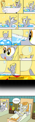 Size: 2995x10384 | Tagged: safe, artist:helsaabi, carrot top, derpy hooves, golden harvest, pegasus, pony, g4, bandage, bath, bathtub, boom, bubble bath, cast, claw foot bathtub, comic, female, flower, garfield, giggling, hospital, in pain, mare, pop, relaxing, rubber duck, shared bathing, sleeping