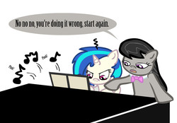Size: 1552x1080 | Tagged: safe, artist:sausesource, dj pon-3, octavia melody, vinyl scratch, earth pony, pony, unicorn, g4, bowtie, dialogue, duo, female, looking down, mare, music, music notes, musical instrument, onomatopoeia, piano, plink, plonk, sheet music, simple background, speech bubble, teaching, white background
