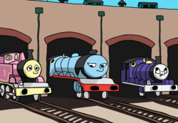 Size: 1562x1080 | Tagged: safe, artist:sausesource, fluttershy, rainbow dash, rarity, train pony, g4, fluttertrain, gordon the big engine, percy the small engine, rainbow dash is not amused, shed, species swap, thomas the tank engine, train, trainbow dash, trainified, wat