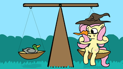 Size: 1920x1080 | Tagged: safe, artist:sausesource, fluttershy, duck, g4, monty python, monty python and the holy grail, scale, witch