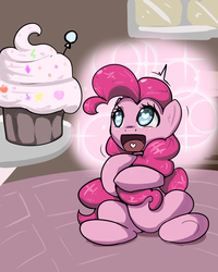 Size: 960x1200 | Tagged: safe, artist:acharmingpony, pinkie pie, g4, balloon, cupcake, cute, diapinkes, female, heart, heart eyes, no pupils, open mouth, sitting, solo, wingding eyes