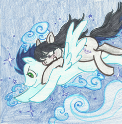 Size: 1532x1563 | Tagged: safe, artist:enigmaticfrustration, octavia melody, soarin', earth pony, pegasus, pony, g4, backwards cutie mark, crack shipping, duo, female, flying, male, mare, night, ponies riding ponies, riding, shipping, soartavia, stallion, straight, traditional art
