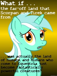 Size: 625x833 | Tagged: safe, lord tirek, lyra heartstrings, scorpan, human, g4, my little pony: friendship is magic, twilight's kingdom, conspiracy lyra, exploitable meme, human fetish, meme, solo, transformation