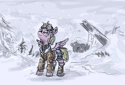 Size: 1280x870 | Tagged: safe, artist:agm, oc, oc only, oc:dazzling "dodo" dusk, pegasus, pony, fallout equestria, fallout equestria: the fossil, clothes, fanfic art, goggles, hoof boots, jacket, ruins, shorts, snow, snowfall, solo, tree